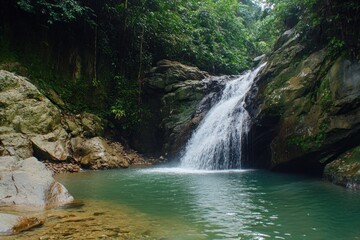 Fototapeta premium A beautiful cascading waterfall surrounded by lush green trees