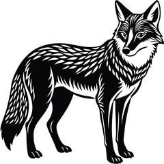 Cunning coyote lurks a prey, hen vector silhouette illustration isolated on white. Smart animal predator. Jackal hunting hen chicken behind back. Farm chantry poultry in danger. Scary domestic bird.