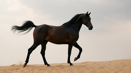 An Arabian horse is running on a sandy beach