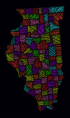 Illinois word cloud. Bright neon style design on dark background. Region names text cloud. Boundary shape with administrative division. Amazing vector illustration.