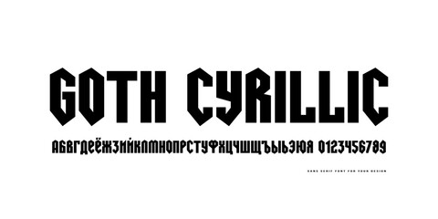 Cyrillic sans serif font in gothic style. Letters and numbers for logo and emblem design. Black print on white background