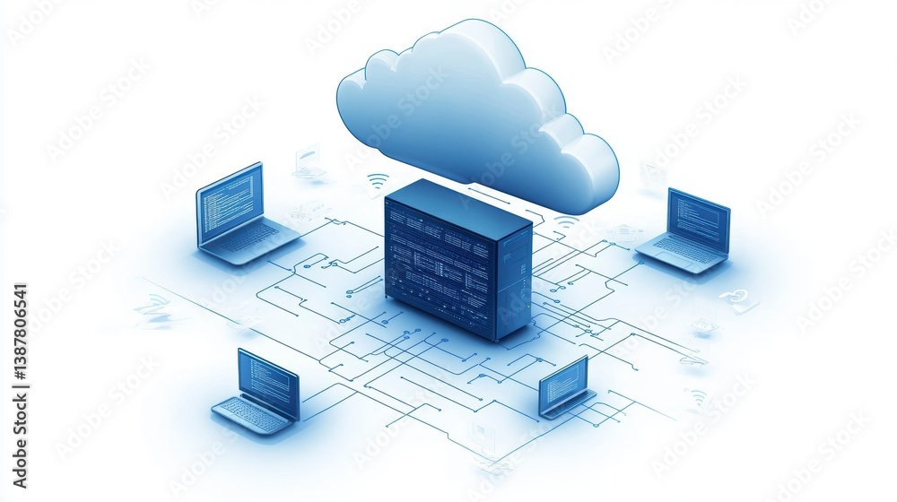 Aufkleber cloud computing network server, laptops, data transfer.