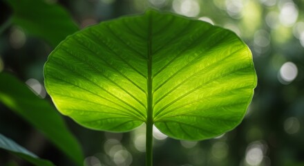 Close-up of Lush Green Leaf with Visible Veins and Sunlight