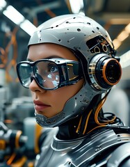 Fototapeta premium A robotic expert is focused on her tasks in a futuristic factory. She showcases intricate machinery and cutting-edge technology, emphasizing innovation and precision.