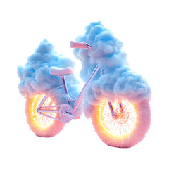 A Fluffy 3D Cartoon Bicycle with Glowing Wheels and Smoke Cloud Isolated on Transparent Background
