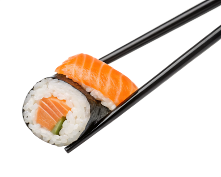 Delicious salmon sushi roll isolated on a white background ai generated png