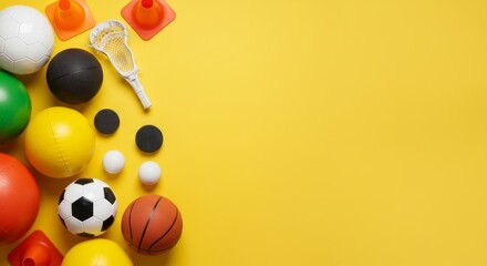 Assorted Sports Equipment Arrangement on a Yellow Background with Copy Space