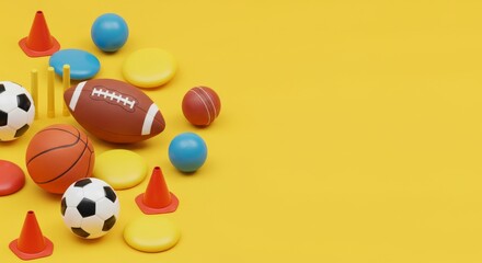 Sports equipment arrangement football basketball soccer and cones on yellow background