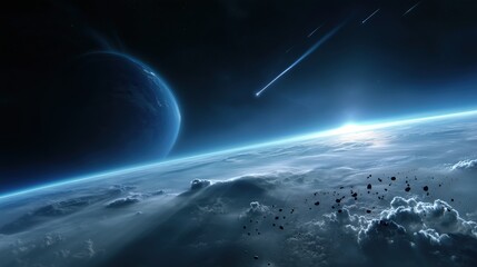 Obraz premium Mesmerizing Expansive Cosmos: Dazzling Glowing Planet, Scattered Asteroids, and Star Nebulae Unveiling Celestial Wonders of Outer Space