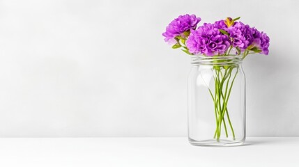 Obraz premium Simple bouquet of purple flowers in a clear glass jar
