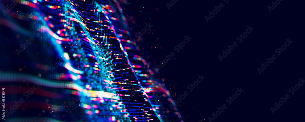 Poster Abstract Big data digital stream waves. Information flow concept. LLM learning process, AI technology. Quantum computing. 