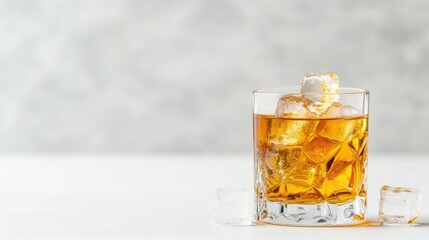 A rocks glass filled with amber liquid and ice cubes sits on a white surface. Additional ice cubes are beside it. The background is a blurred, light gray wall. The image is well-lit, showcasing the