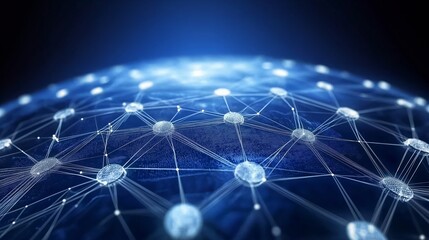A dark background with a network of blue dots and lines, representing blockchain technology and digital connectivity. Abstract digital network connectivity concept with interconnected lines