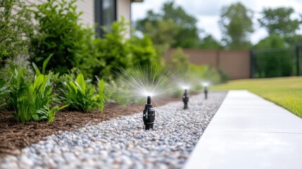 Several black sprinkler heads water a garden. They are positioned along a gravel path beside a walkway. The scene is brightly lit, showcasing a crisp image. The style is clean and modern. Muted green