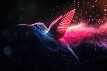 vibrant hummingbird is captured in mid flight, showcasing its iridescent feathers and dynamic wings. background features burst of colorful powder, creating magical and energetic atmosphere