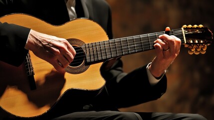 Fototapeta premium Hands Playing Acoustic Guitar in Warm Indo Setting