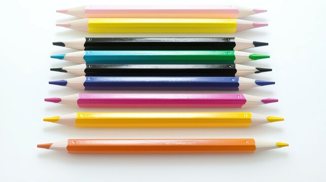 A set of colored pencils arranged in a rainbow pattern, creative arts motif 