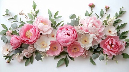 A delicate floral arrangement of pink peonies and green leaves, perfect for weddings, romantic events, and Mother&rsquo;s Day celebrations. Evokes elegance and natural beauty.