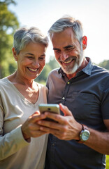 Interracial senior couple enjoy life together using smartphone in park. Smiling man, woman look mobile phone screen, happy on sunny day. Elderly people on retirement, romantic date, vacation, love.