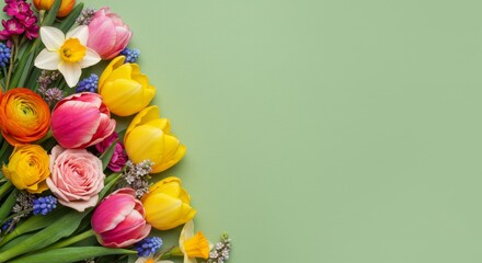Arranging Colorful Spring Flowers on Green Background for Floral Design