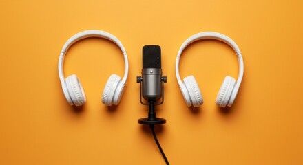 Microphone and Headphones on Orange Background for Podcast or Recording