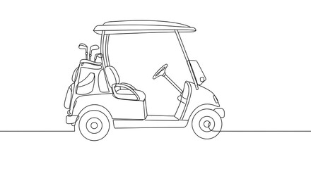 Minimalist Line Art of Golf Cart Side View on White Background