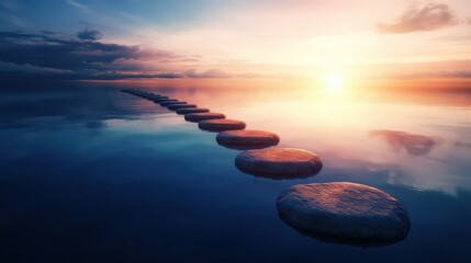 A series of stepping stones across a tranquil pond, reflecting the journey towards a radiant horizon. 4k