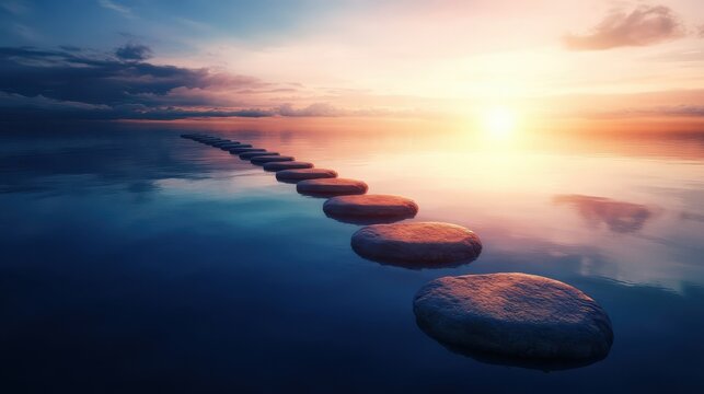 A series of stepping stones across a tranquil pond, reflecting the journey towards a radiant horizon. 4k