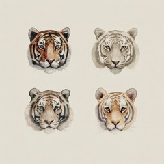 Four illustrated tiger faces on a beige background