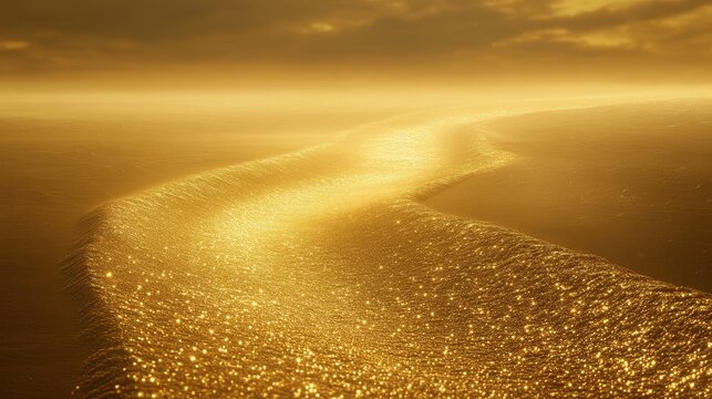 A winding path of shimmering sand, bathed in ethereal light, disappearing into a golden horizon that promises untold wonders. 4k