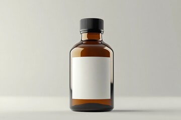 Fototapeta premium Amber Bottle with White Label and Black Cap on a Light Gray Background