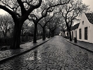 Rainy Street, Old Town, Trees, Black and White