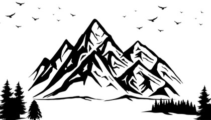 Black and white drawing of a mountain with a mountain in the background.