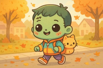 Cute Little Zombie Child Walking with a Kitten Backpack on a Sunny Street &ndash; Adorable Cartoon School Scene in Soft Pastel Colors