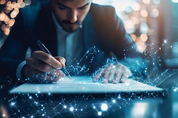 A businessman, his brow furrowed in concentration, signs a legal contract on a digital tablet, his signature appearing as a shimmering wave of data, symbolizing the moder