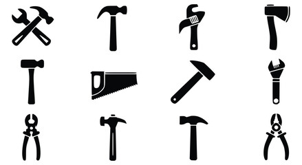 Black And White Outline Illustration Of Various Construction And Repair Tools