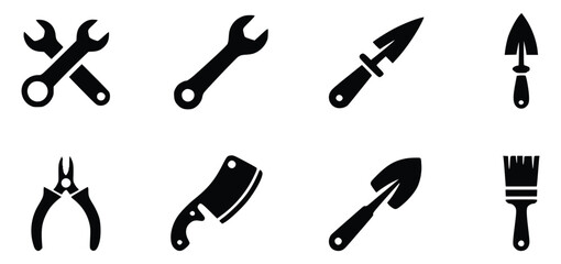 Silhouette Vector Set Of Gardening And Construction Tools Icons Collection