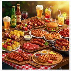A vibrant and appetizing illustration of a large spread of grilled meats, vegetables, and sides, perfect for a summer BBQ.