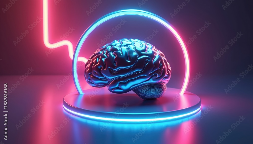 Aufkleber 3d rendered illustration of abstract metallic brain with neon lights. futuristic artwork features vi