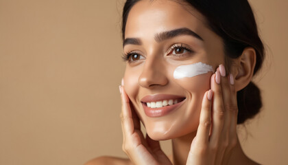 Smiling indian woman applying cream on face. Portrait of young female applying daily facial cosmetic product. Skincare routine, anti-aging treatment. Beauty, health, wellness concept. Beautiful girl