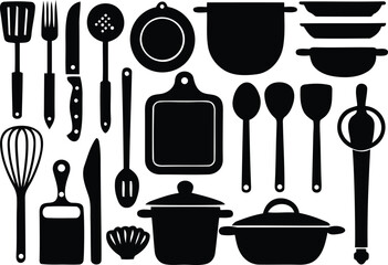 Modern various kitchen utensils silhouette and line art vector icon design, various kitchen utensils vector illustration set