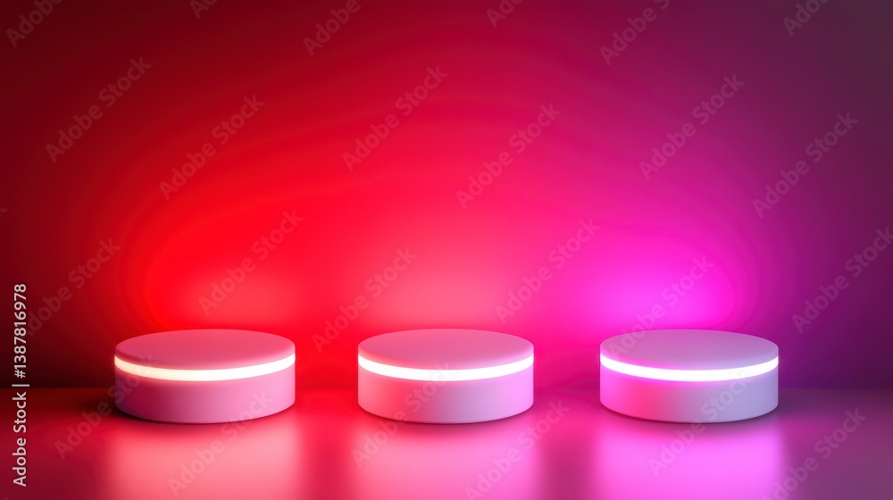 Poster Three illuminated cylindrical platforms against a red and pink gradient background.