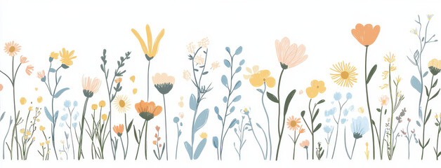 beautiful illustration of various flowers in soft pastel colors, showcasing diverse array of floral designs. This artwork evokes sense of tranquility and nature beauty