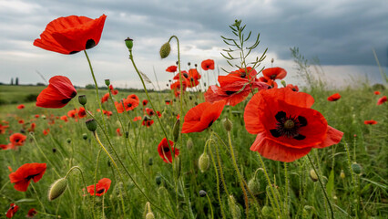 Obraz premium Vibrant Red Poppies in a Field Against a Cloudy Sky