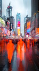 Rainy Times Square Crowd Blurred