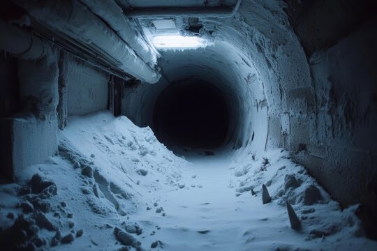 A snow covered tunnel leads into complete and utter darkness