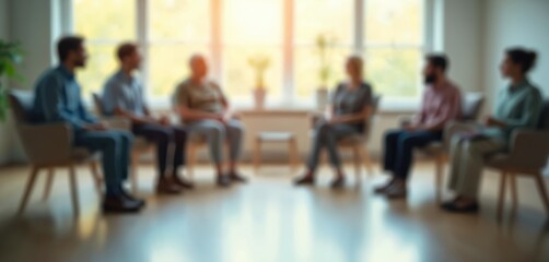 Obraz premium Blurred therapy session, focus support in mental health treatment. Group therapy, community healing. People sit in chairs, share stories, showing power of connection, guidance, empathy, resilience,