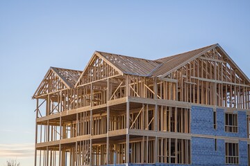 Construction of a Modern Residential Building Framework with Exposed Wooden Structure Against a Clear Sky in a Suburban Area