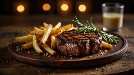 Grilled Steak with Rosemary Garnish and Crispy Fries on Black Plate generative Ai