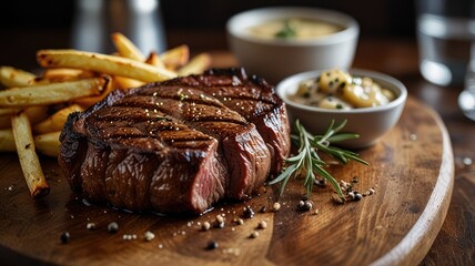 Grilled Steak with Rosemary Garnish and Crispy Fries on Black Plate generative Ai
